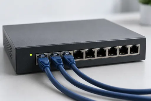 Kompakter Netzwerk-Switch mit dunkelblauen Ethernet-Kabeln