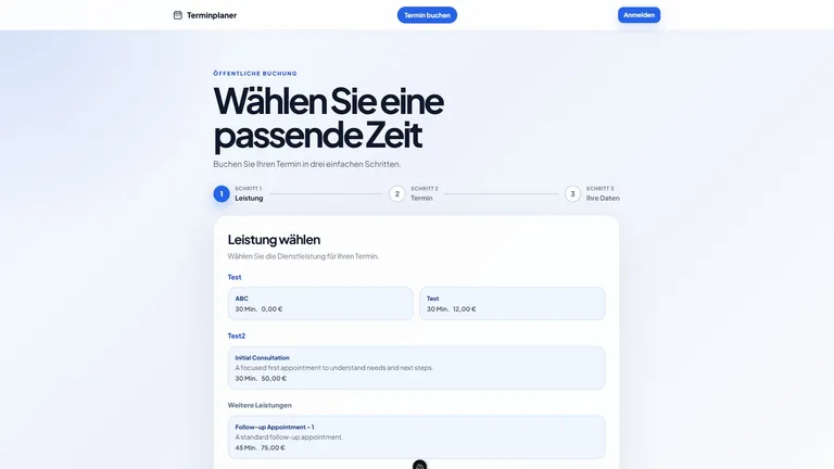 Oberfläche des individuell entwickelten Online-Terminplaners
